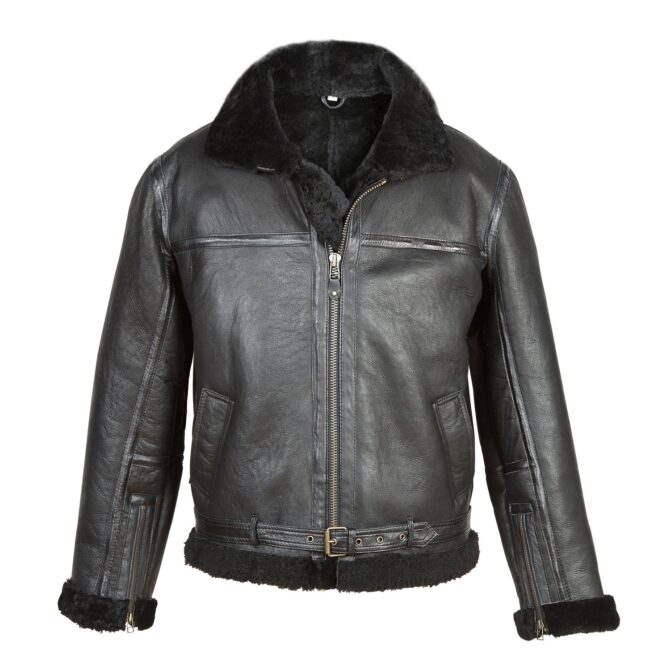 Men's Black Shearling Sheepskin Flying Jacket